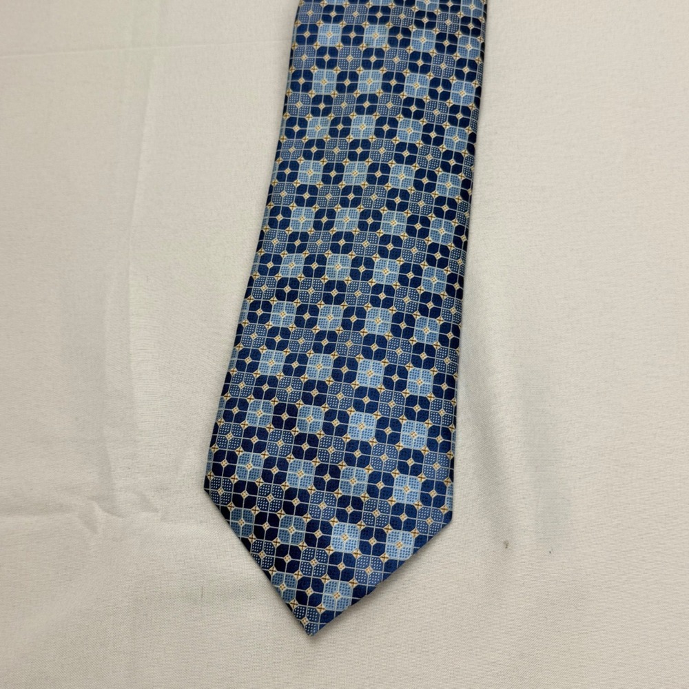 Ermenegildo Zegna Tie 59" x 3.75" Blue Geometric Medallion Silk Made in Italy